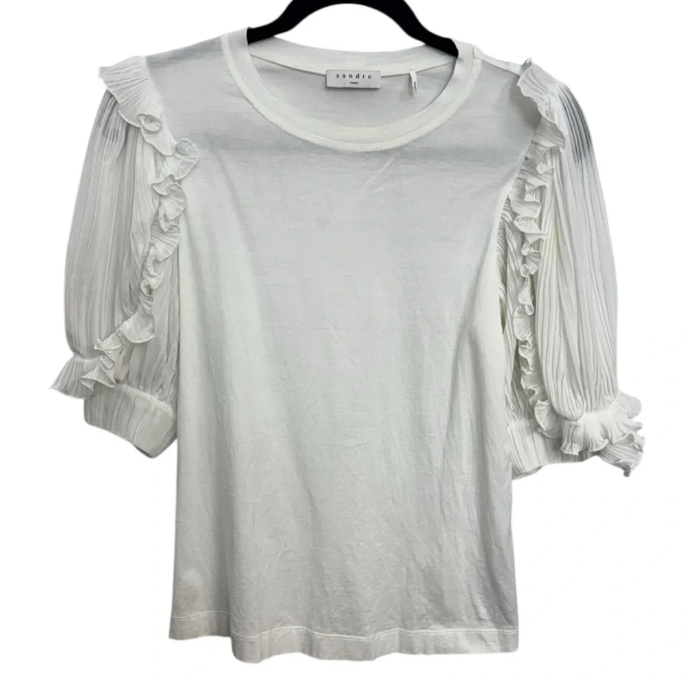 Sandro Women’s White Ruffled‎ Blouse Size S *2232